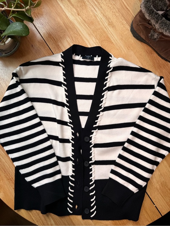 Tahari Sweaters - Tahari Black and White Striped Button-Front Cardigan
